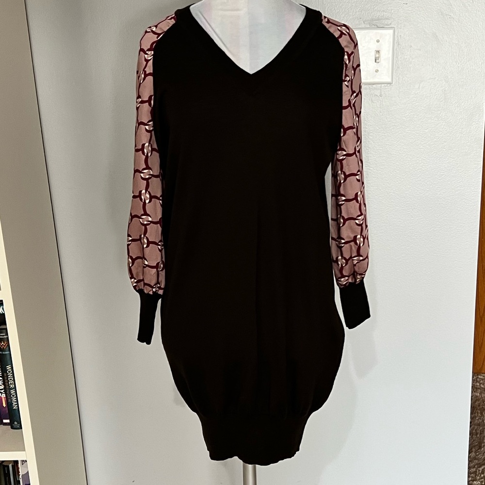 Love Moschino Dark Brown V-Neck Fine Knit Sweater Dress with Silk Print Sleeves